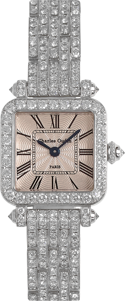 high-end jewelry watch for women Full Pansy Retro watch mini size in 18K white gold set with diamonds, guilloche dial, by Charles Oudin Paris 8 place Vendôme