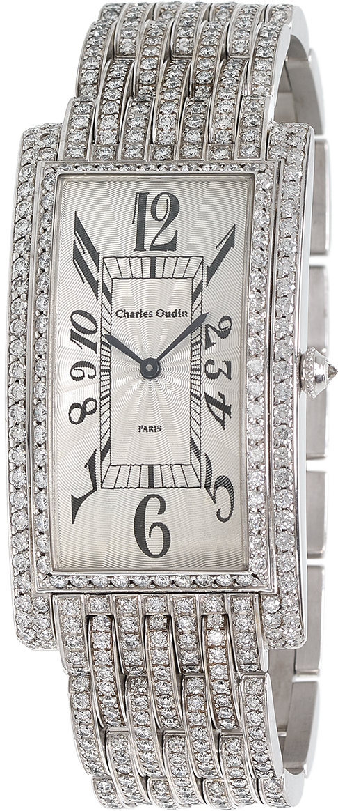 Charles Oudin Full Diamond Brancard luxury timepiece 18K white gold watch set with diamonds, guilloche dial, diamond bracelet