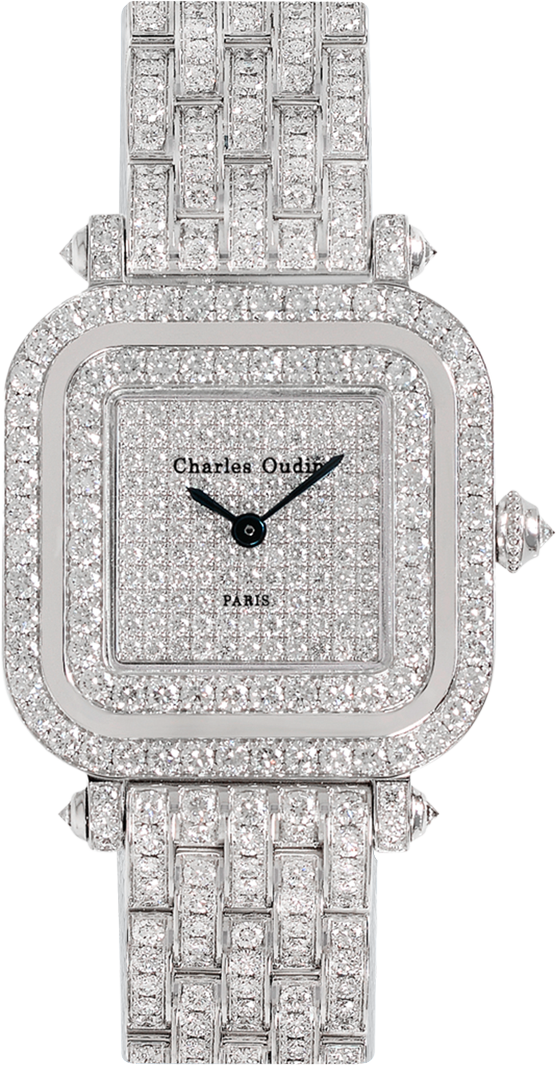Charles Oudin Full diamond Mini Pansy Retro , an 18K white gold square watch set with natural diamonds, diamond dial